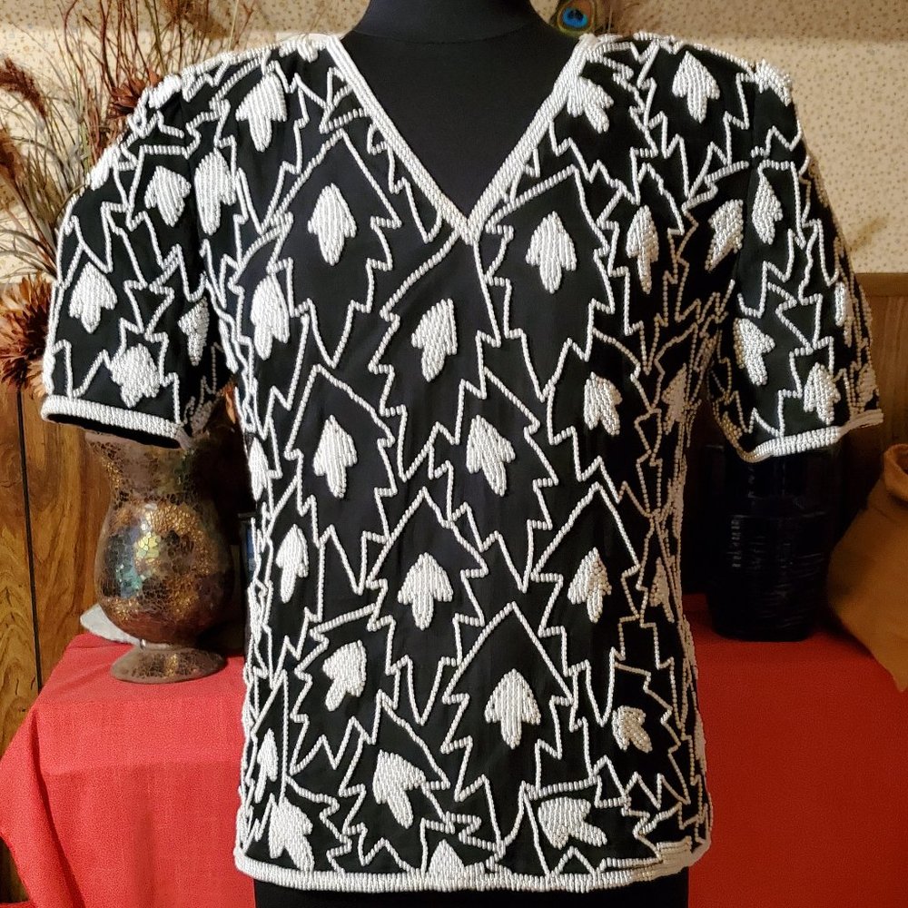 Pearl beaded silk top, Laurence Kazar - Vintage